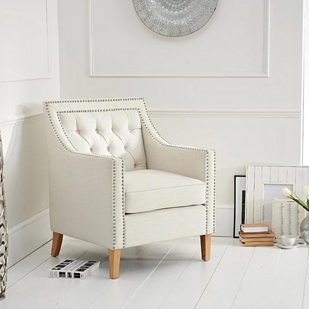 Product photograph of Chartwell Chesterfield Ivory Linen Armchair from Oak Furniture Superstore