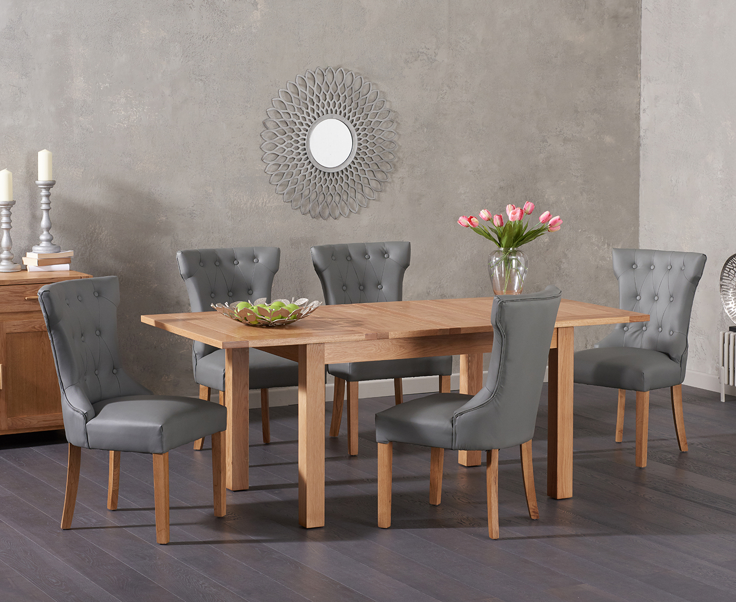 Product photograph of Cheadle 130cm Oak Extending Dining Table With 4 Grey Camille Faux Leather Chairs from Oak Furniture Superstore