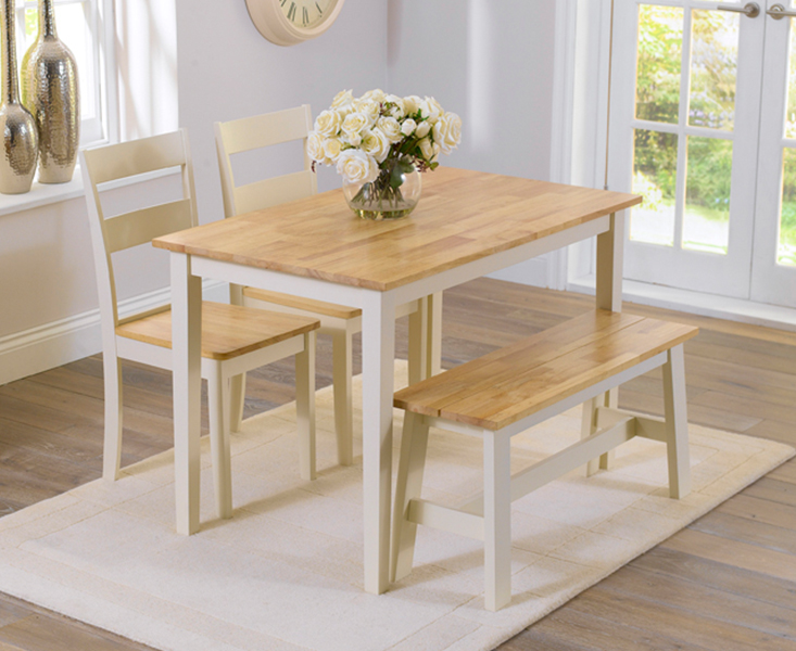 Chiltern 114cm Oak And Cream Painted Dining Table With 2 Cream Chiltern Chairs And 1 Oak And Cream Chiltern Benches