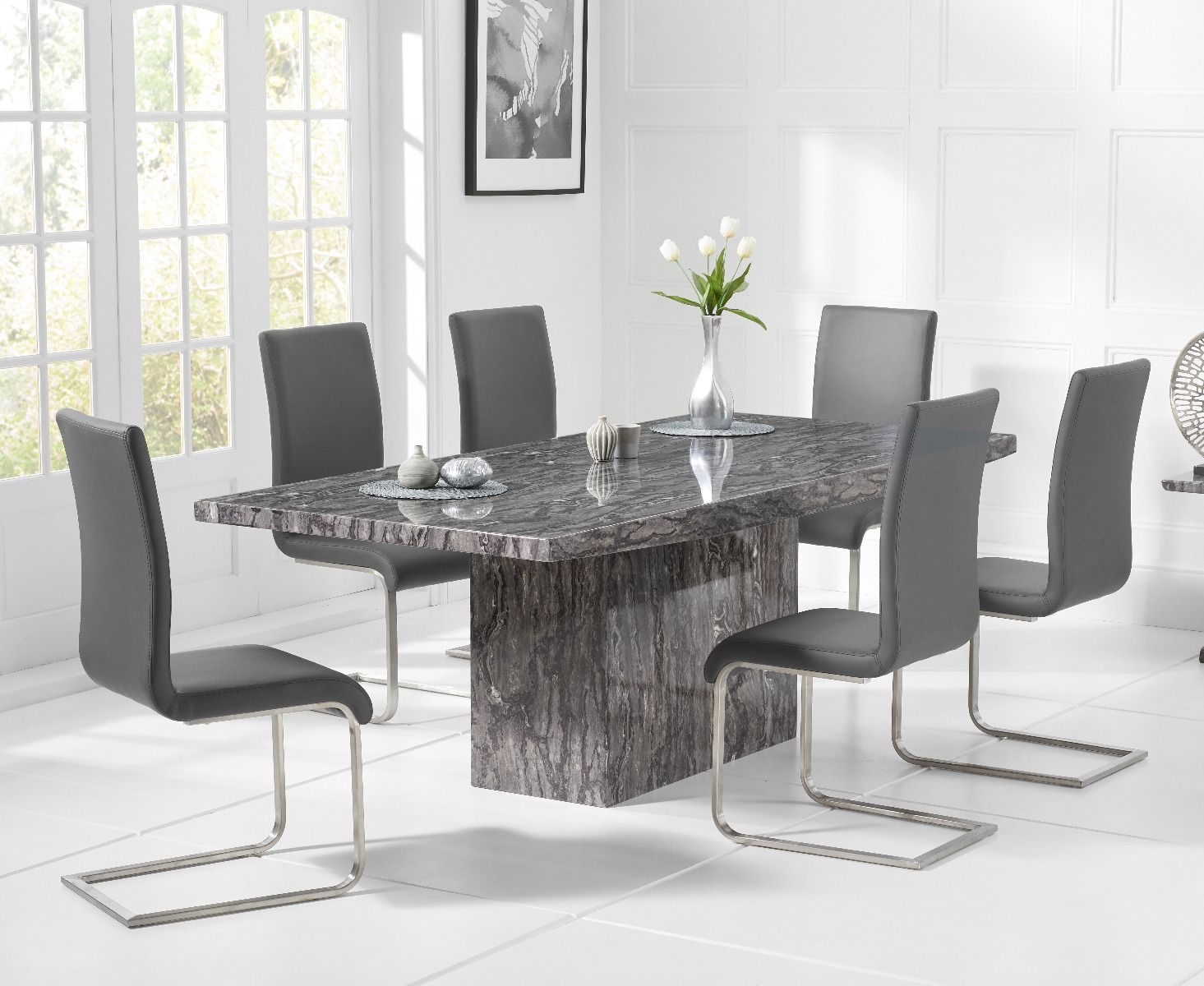 Product photograph of Crema 160cm Grey Marble Dining Table With 8 Grey Austin Chairs from Oak Furniture Superstore