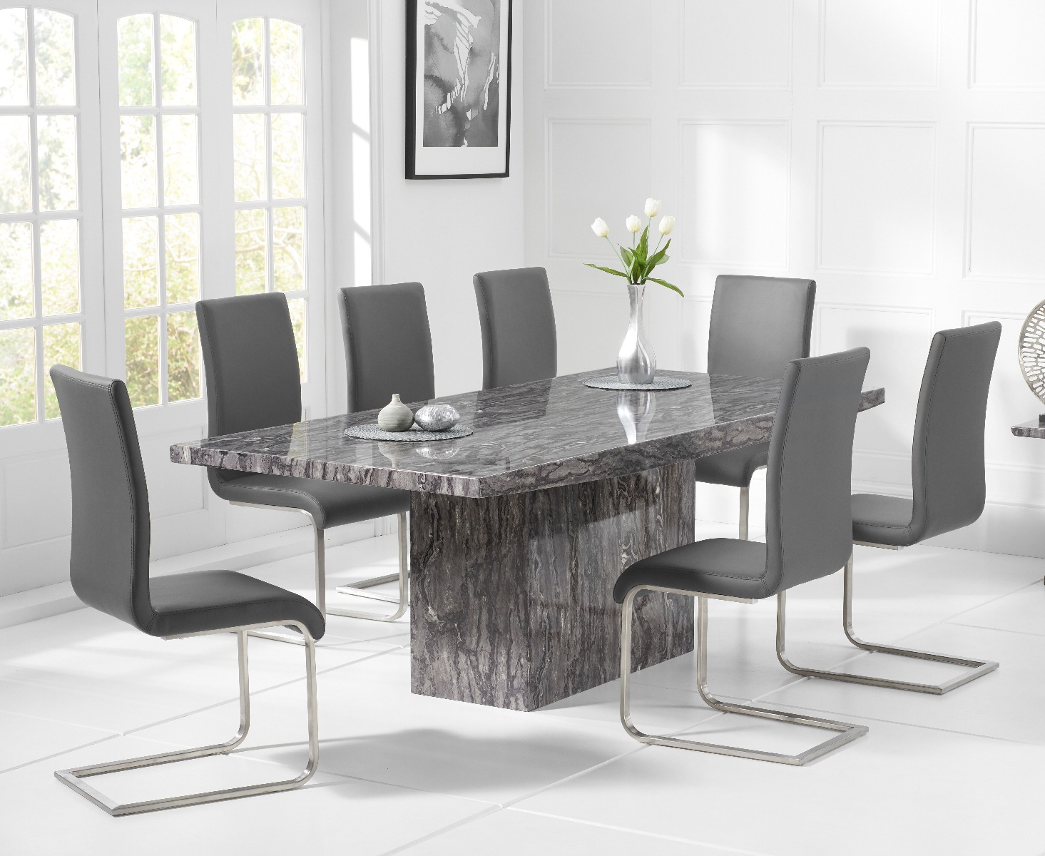 Product photograph of Crema 220cm Grey Marble Dining Table With 10 White Malaga Chairs from Oak Furniture Superstore