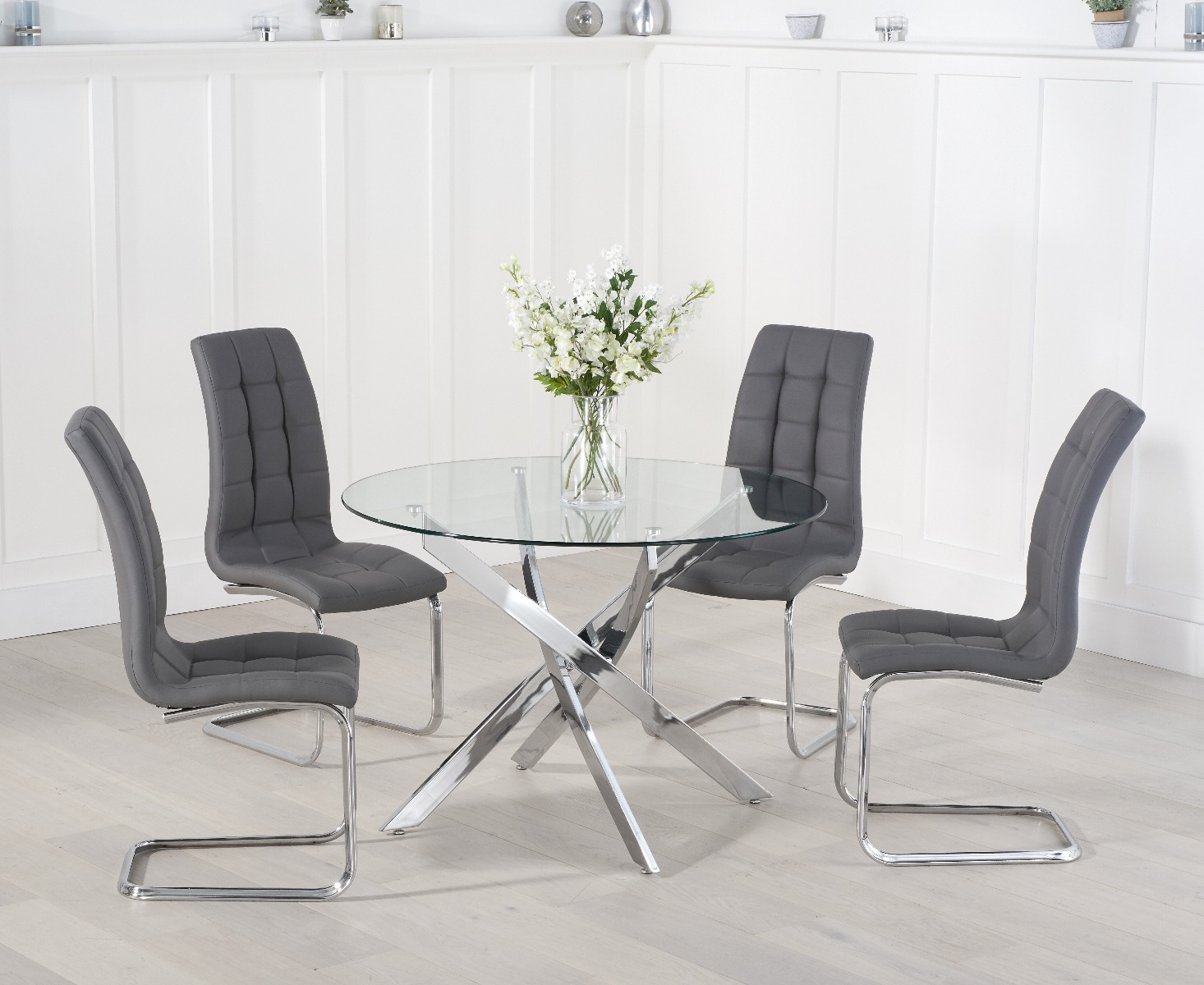 Product photograph of Denver 110cm Glass Dining Table With 4 Grey Vigo Chairs from Oak Furniture Superstore