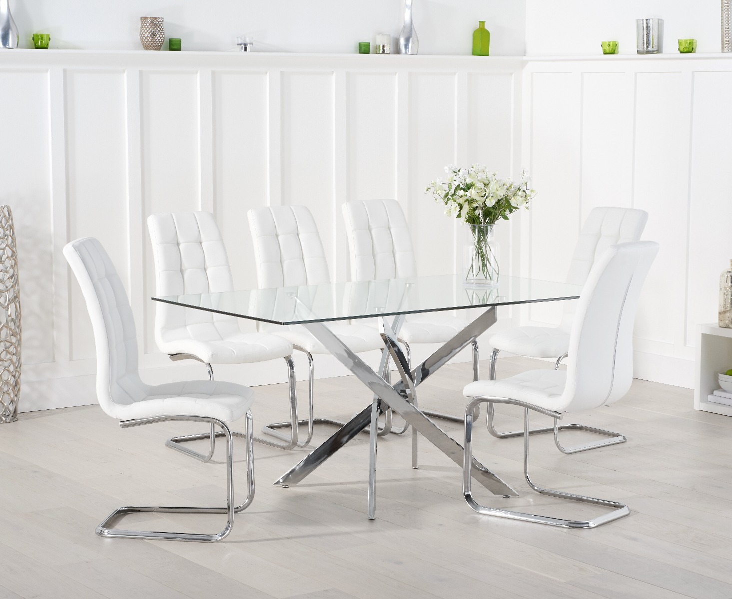 Denver 160cm Glass Dining Table With 6 White Vigo Chairs
