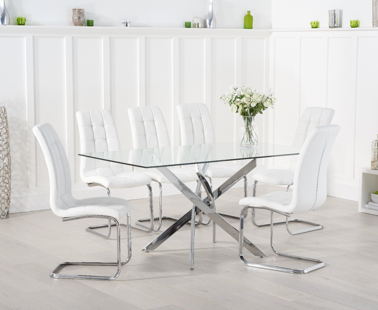 Product photograph of Denver 160cm Glass Dining Table With 6 White Vigo Chairs from Oak Furniture Superstore