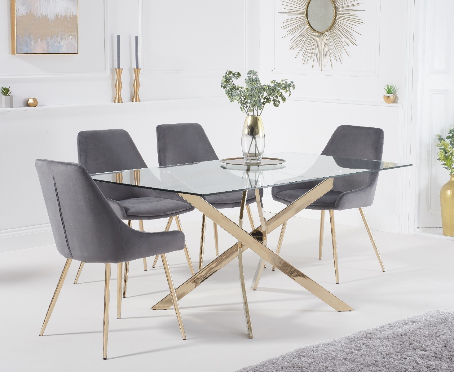 Denver 160cm Rectangular Gold Leg Glass Dining Table With 6 Grey Lola Velvet Chairs