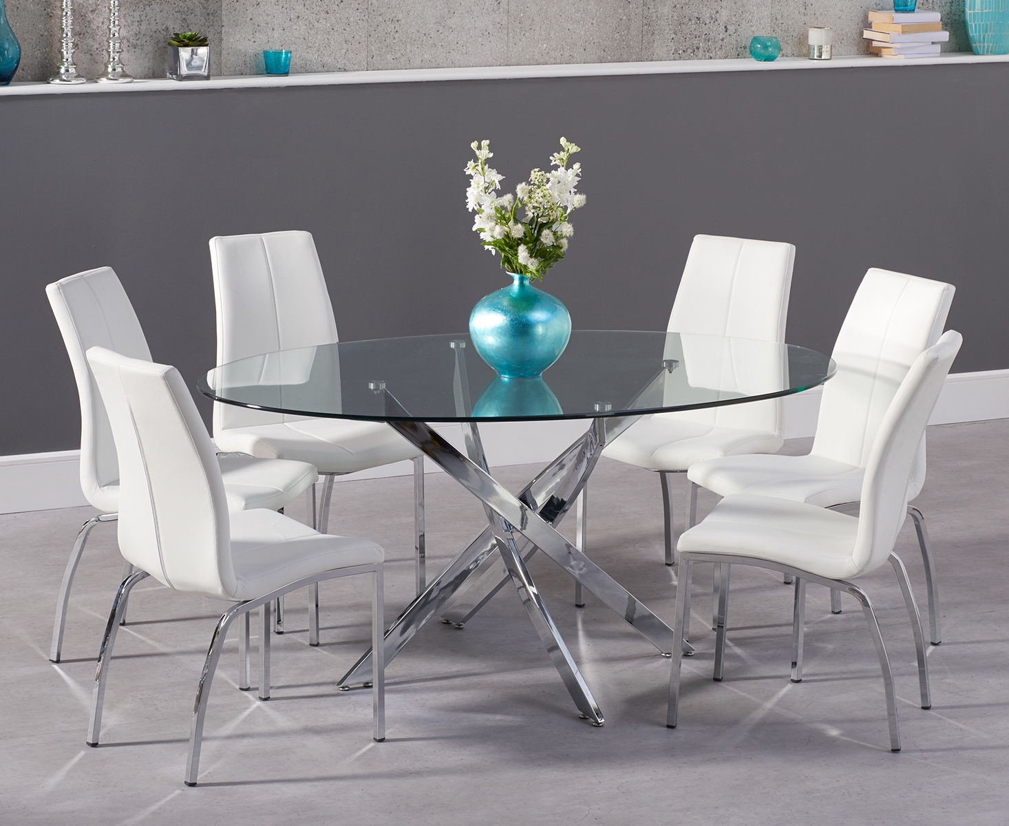 Denver 165cm Oval Glass Dining Table With 6 Ivory White Cavello Chairs