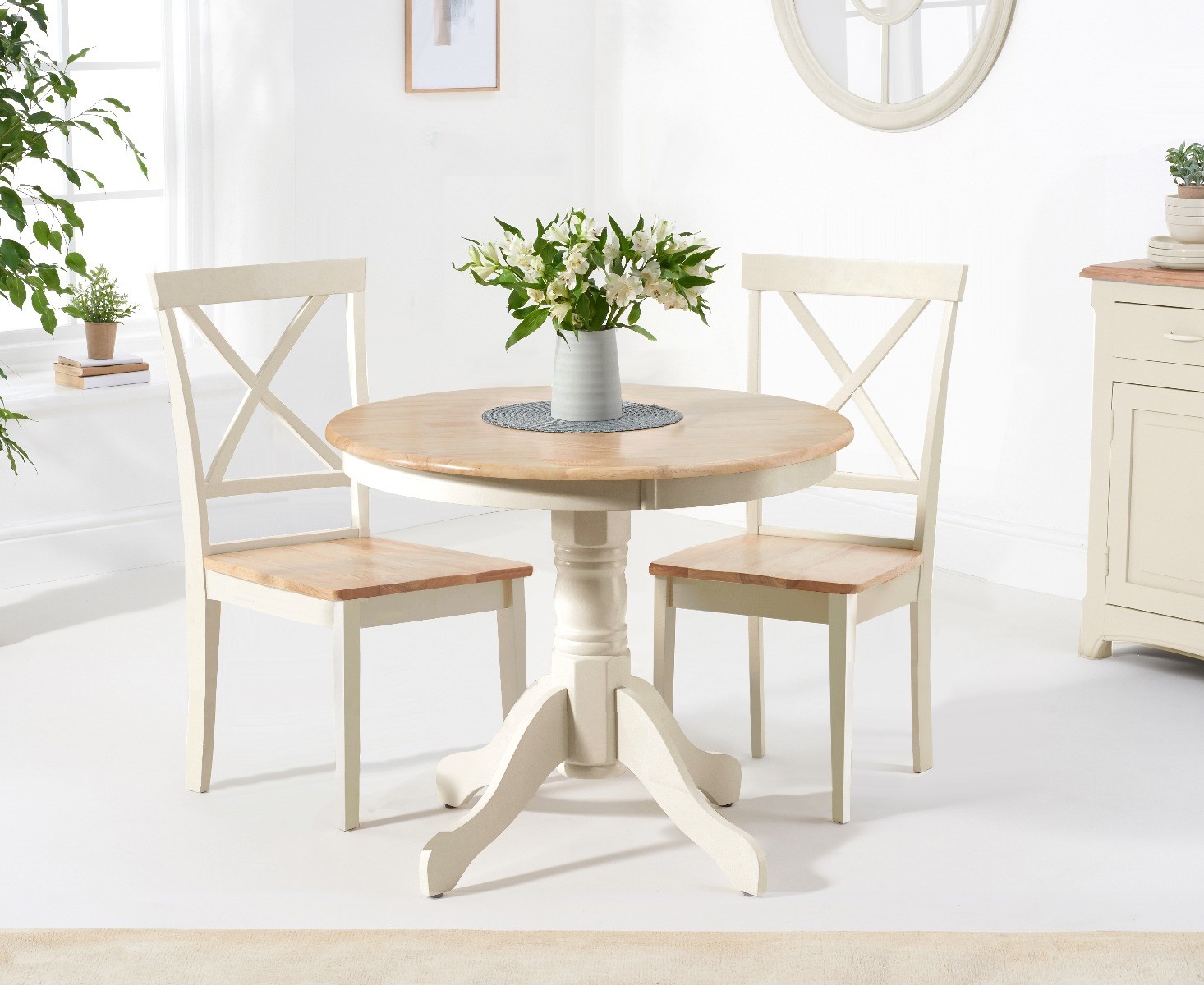 Epsom 90cm Oak And Cream Painted Dining Table With 4 Cream Chairs
