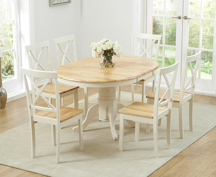 Epsom Cream Painted Pedestal Extending Dining Table With 4 Cream Chairs