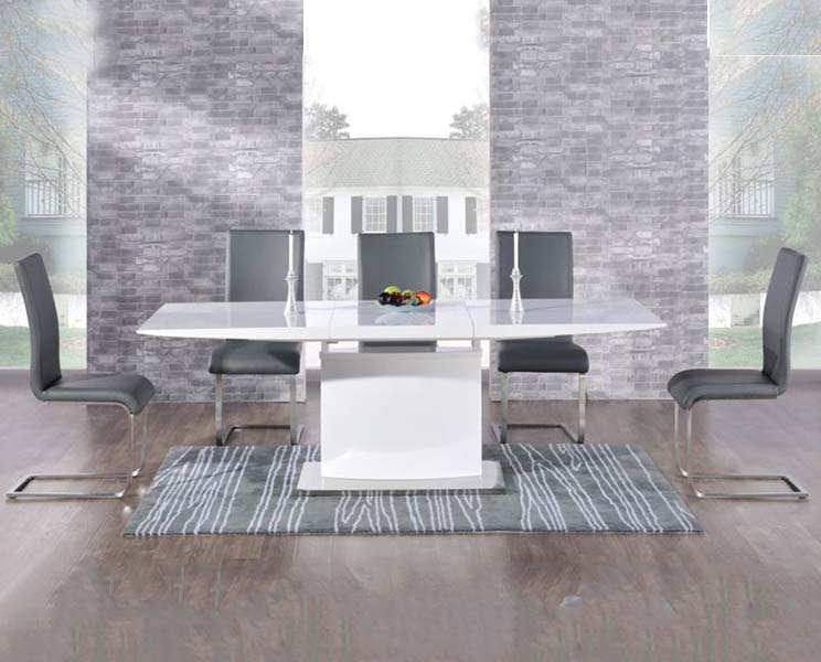 Hailey 160cm White High Gloss Extending Dining Table With 4 Grey Malaga Chairs