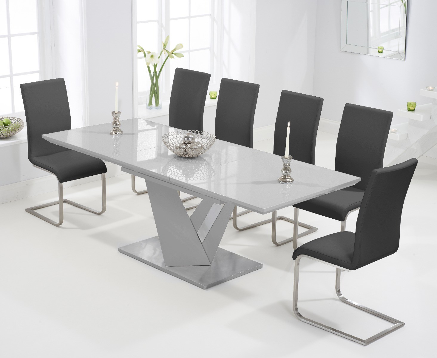 Product photograph of Extending Santino 160cm Light Grey High Gloss Dining Table With 10 Black Austin Chairs from Oak Furniture Superstore