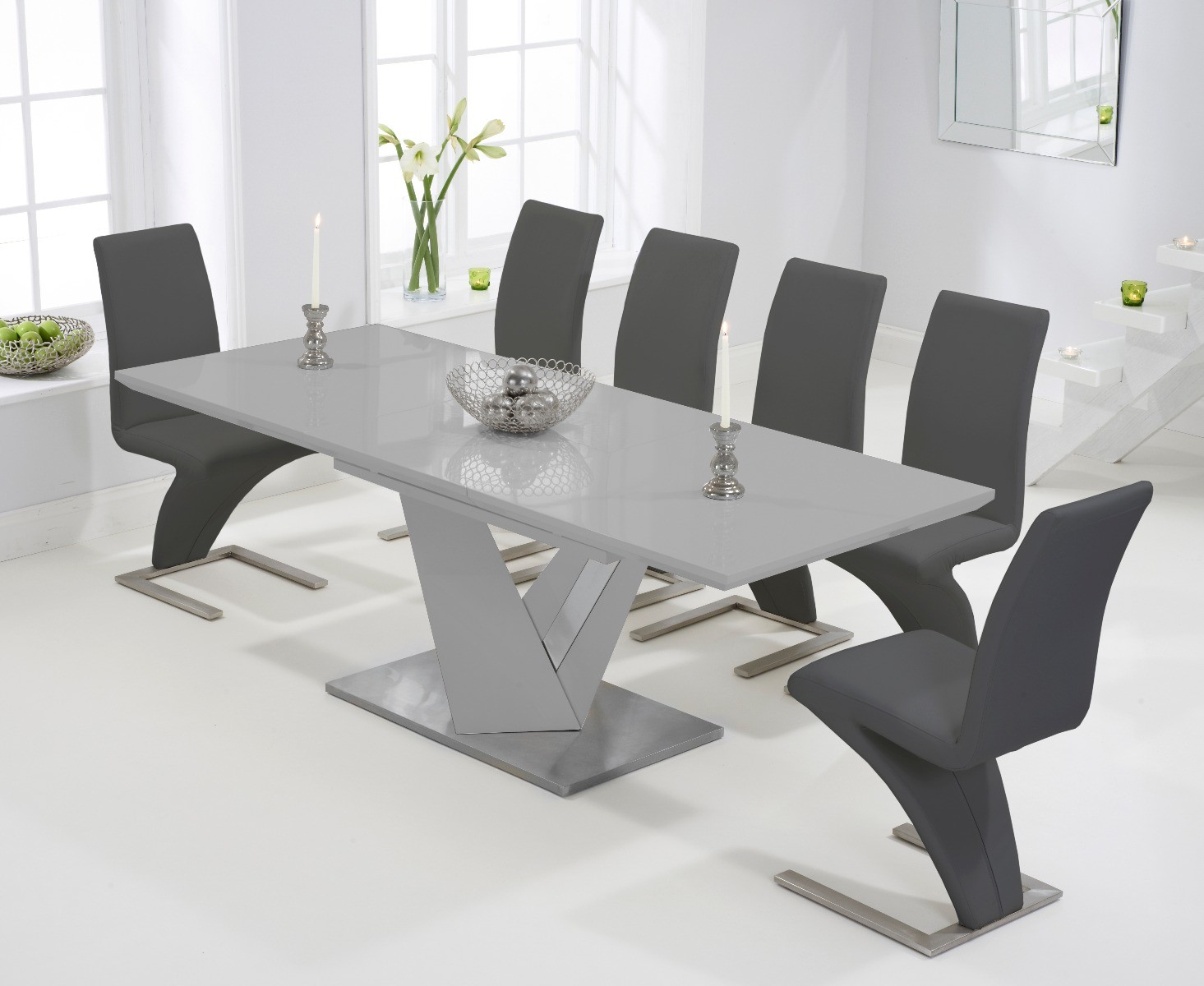 Harmony 160cm Extending Light Grey High Gloss Dining Table With 6 Grey Hampstead Z Chairs