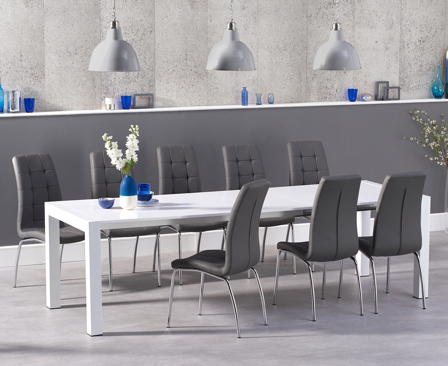 Joseph Extending White High Gloss Dining Table With 6 Red Enzo Chairs