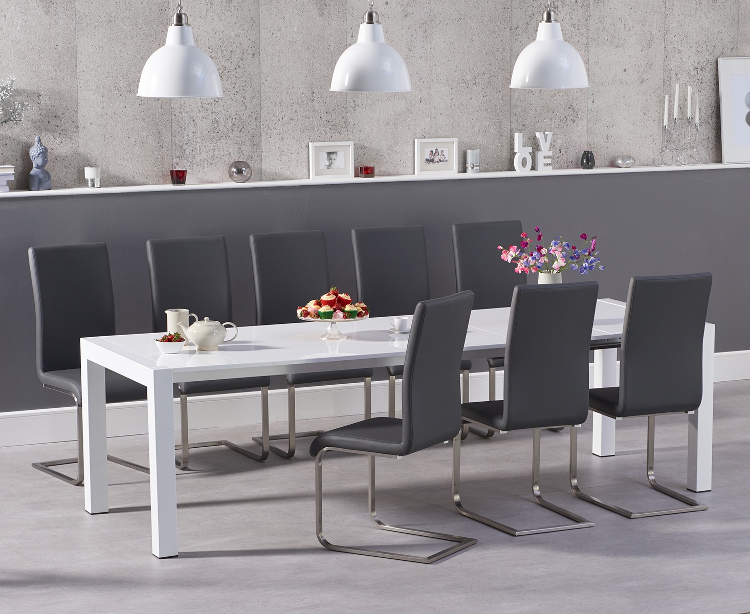 Joseph Extending White High Gloss Dining Table With 8 Grey Malaga Chairs