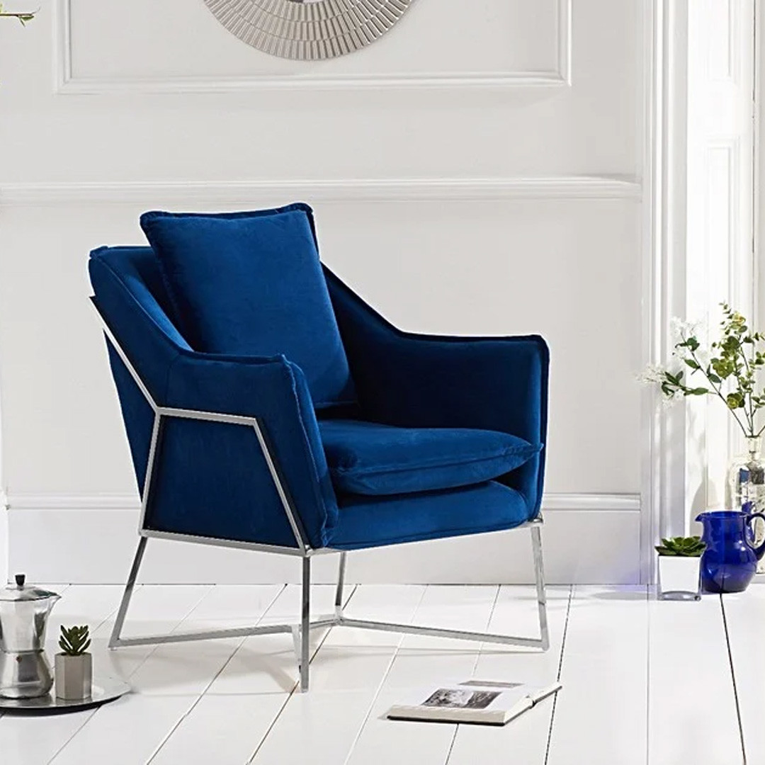 An image of Lara Blue Velvet Accent Chair with Chrome Legs