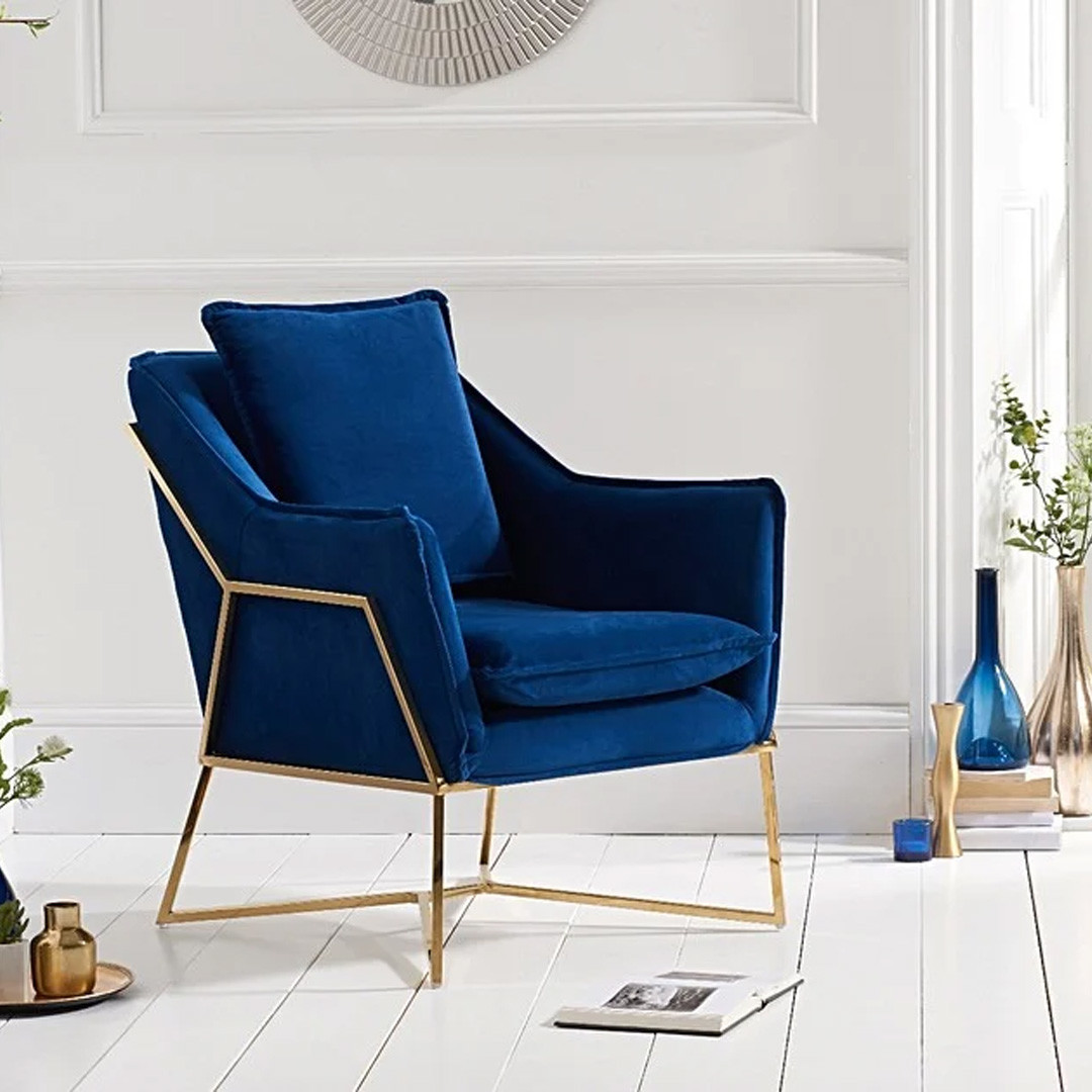 An image of Lara Blue Velvet Accent Chair with Gold Legs
