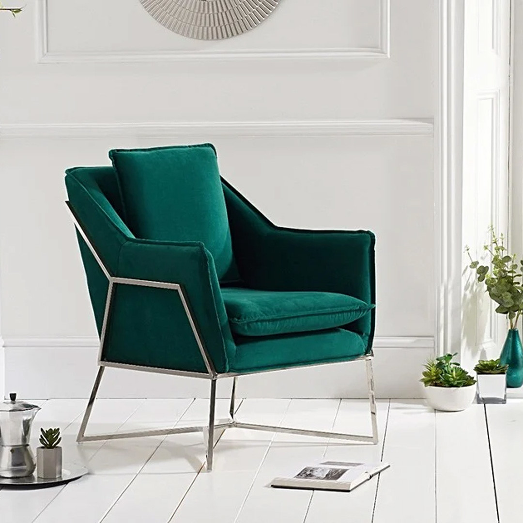 An image of Lara Green Velvet Accent Chair with Chrome Legs