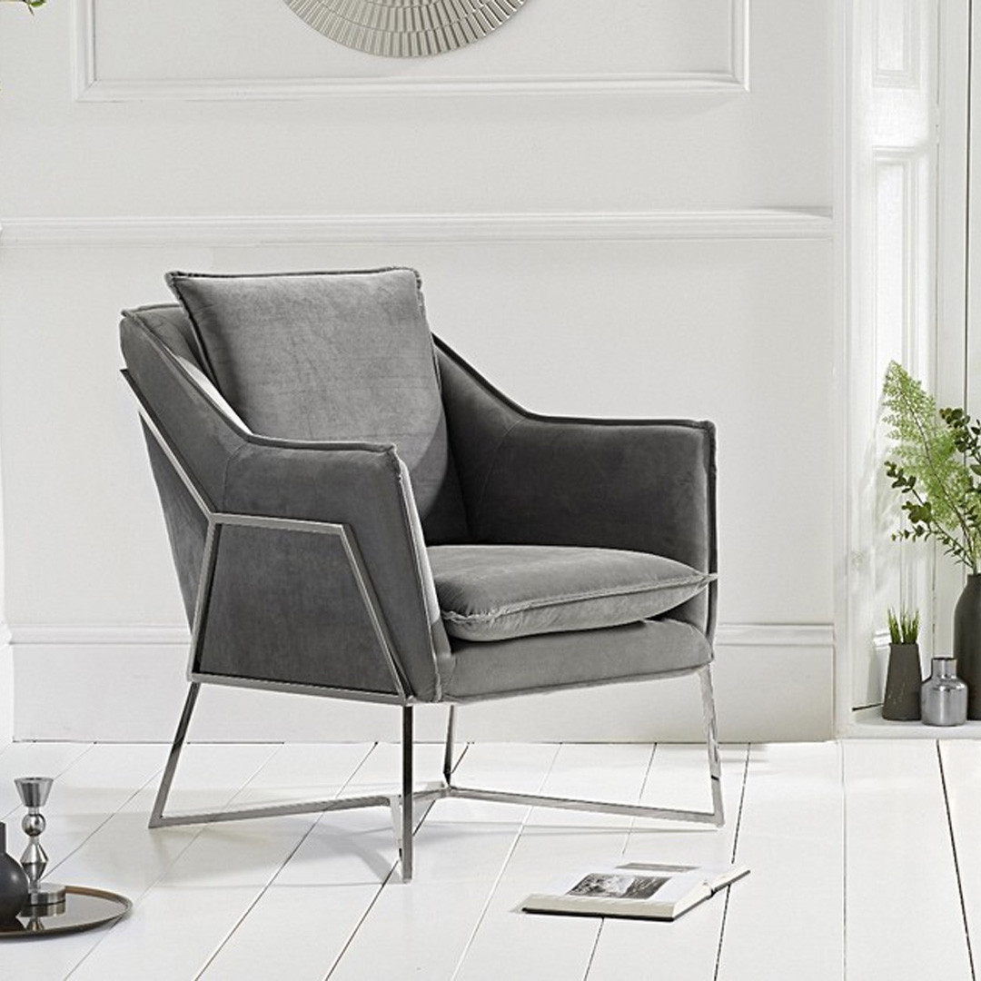 An image of Lara Grey Velvet Accent Chair with Chrome Legs