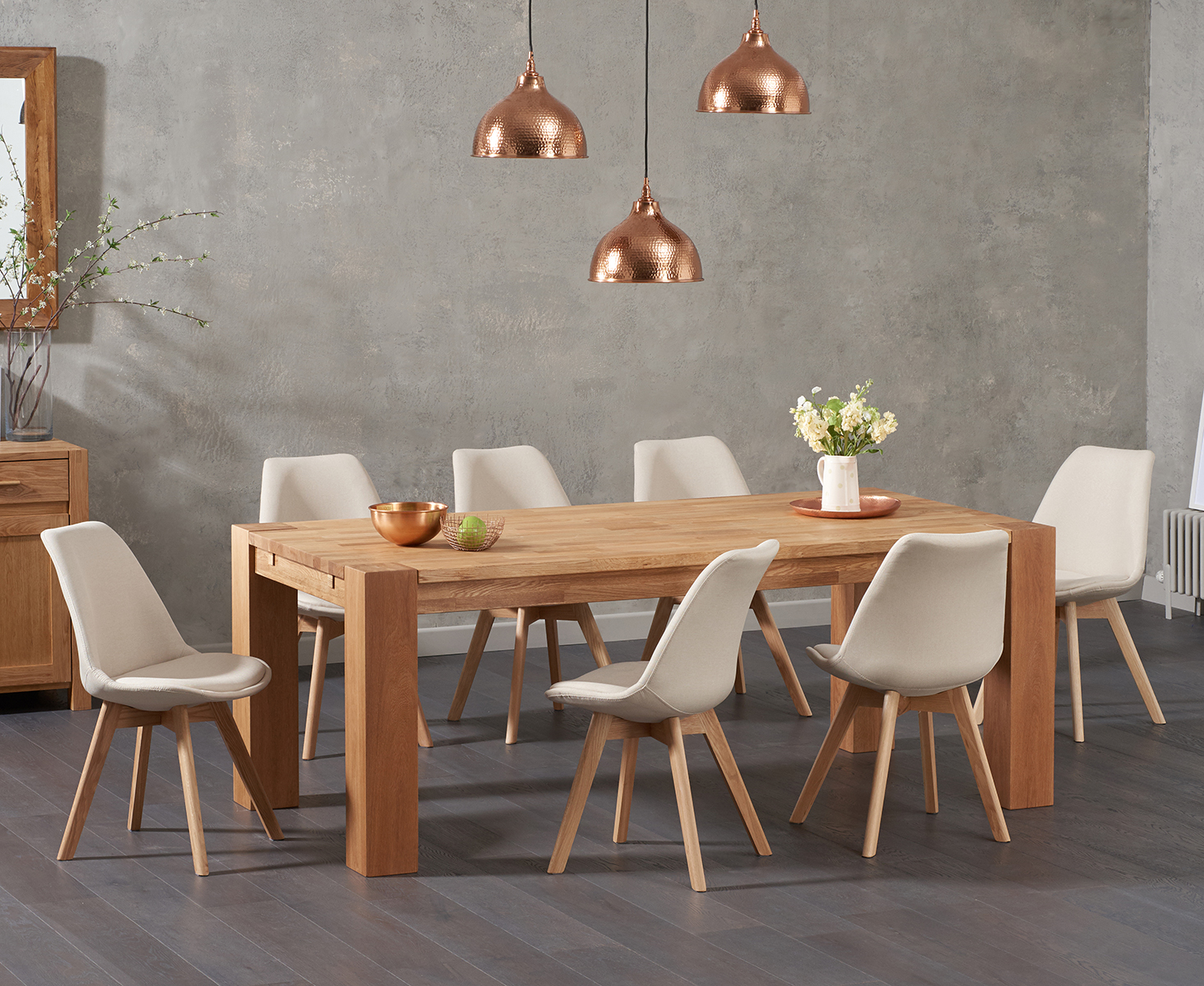 Madrid 200cm Oak Dining Table With 8 Light Grey Orson Fabric Chairs
