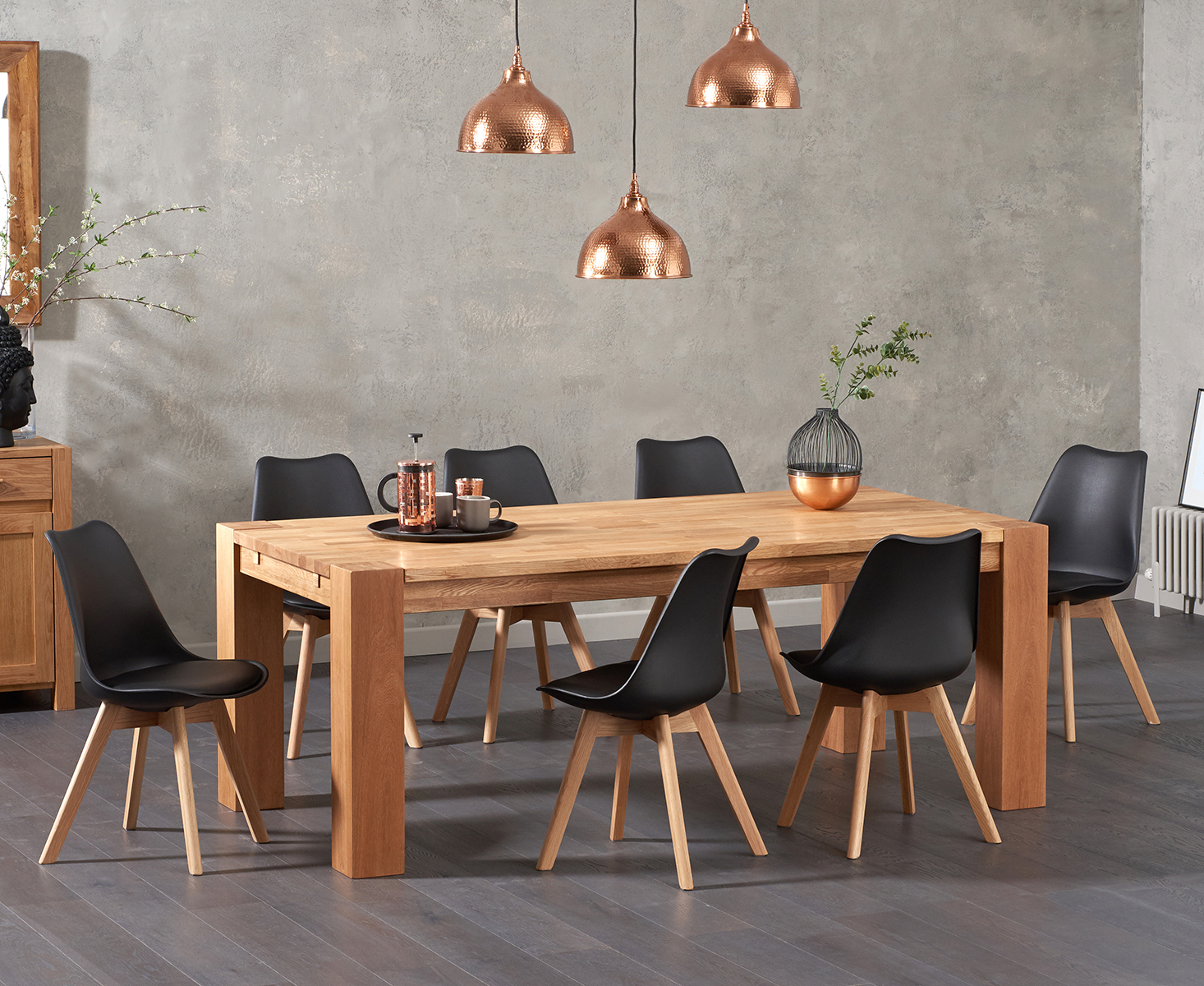 Madrid 200cm Oak Dining Table With 6 White Orson Faux Leather Chairs