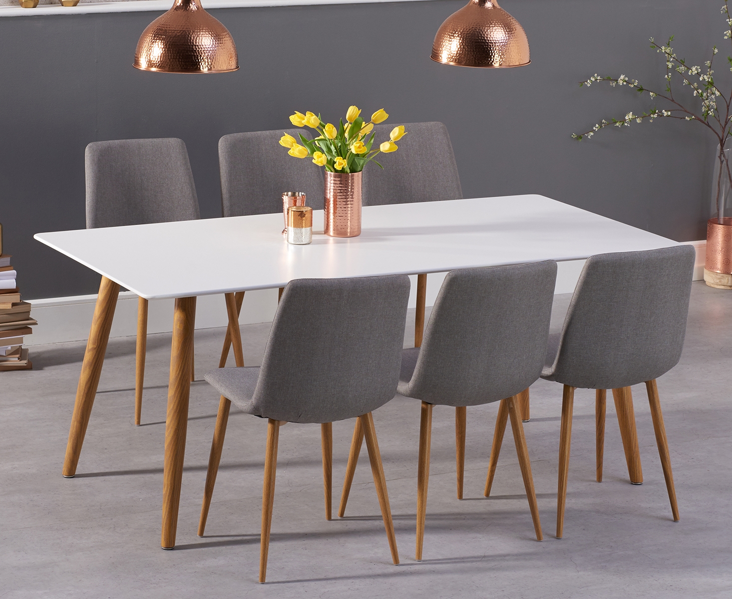 Malmo 180cm Matt White Dining Table With 6 Grey Astrid Fabric Wooden Leg Chairs