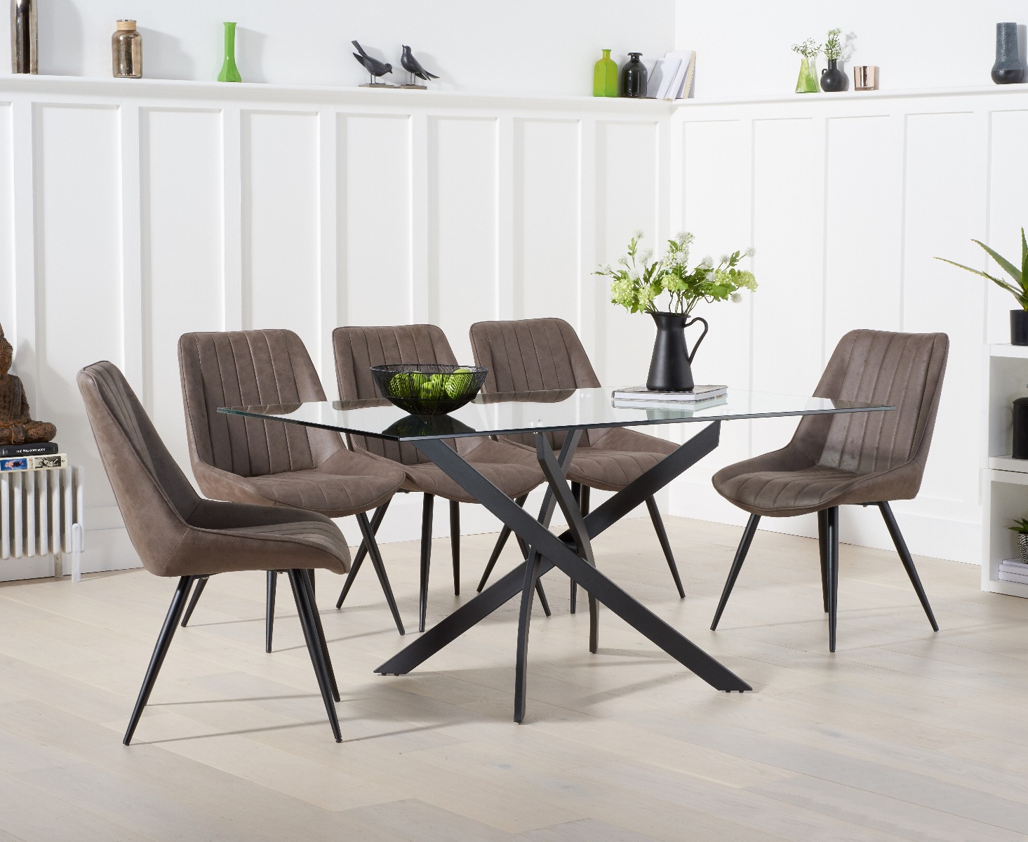 Product photograph of Mara 160cm Glass Dining Table With 4 Mink Brody Antique Chairs from Oak Furniture Superstore