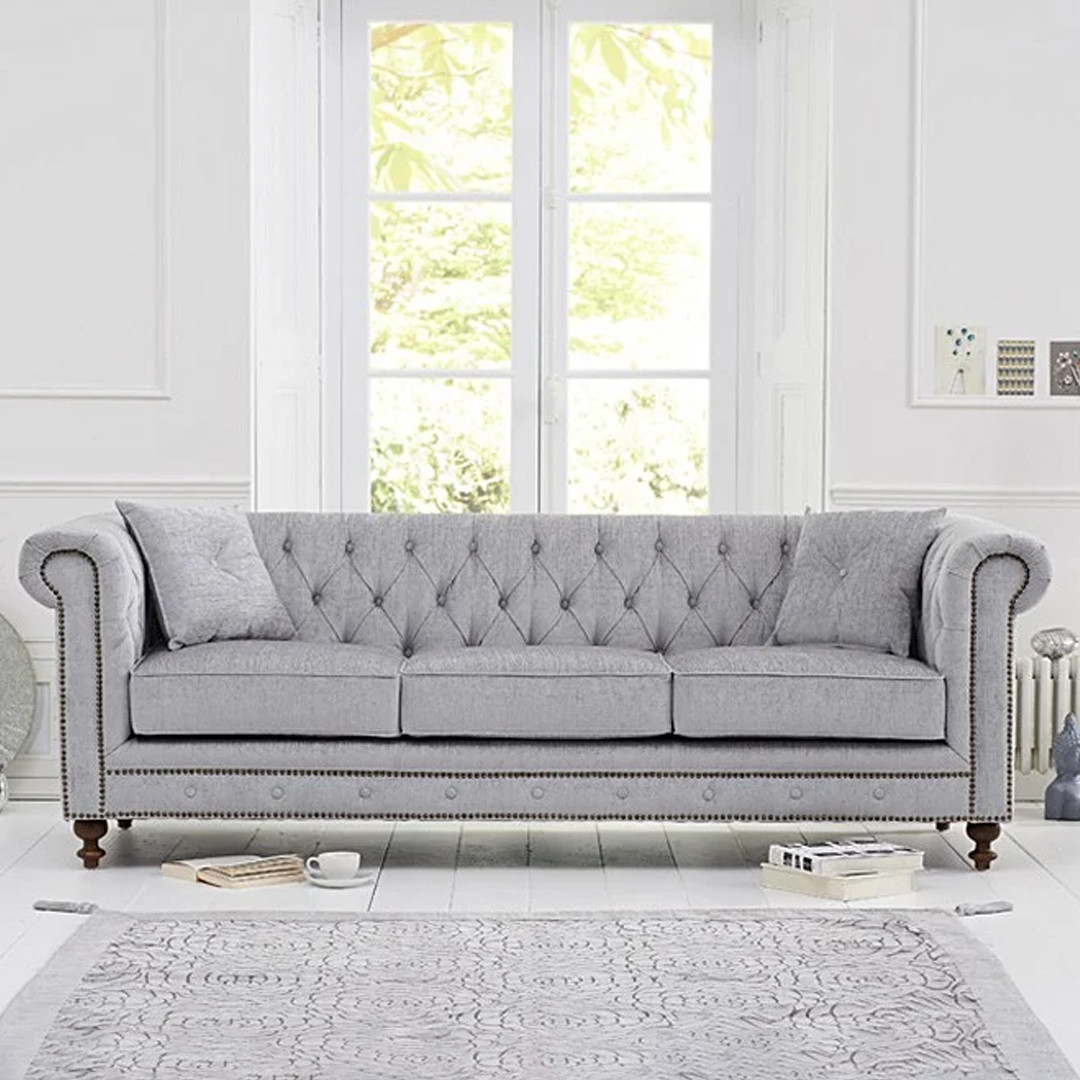 Product photograph of Milano Chesterfield Grey Plush Fabric 3 Seater Sofa from Oak Furniture Superstore