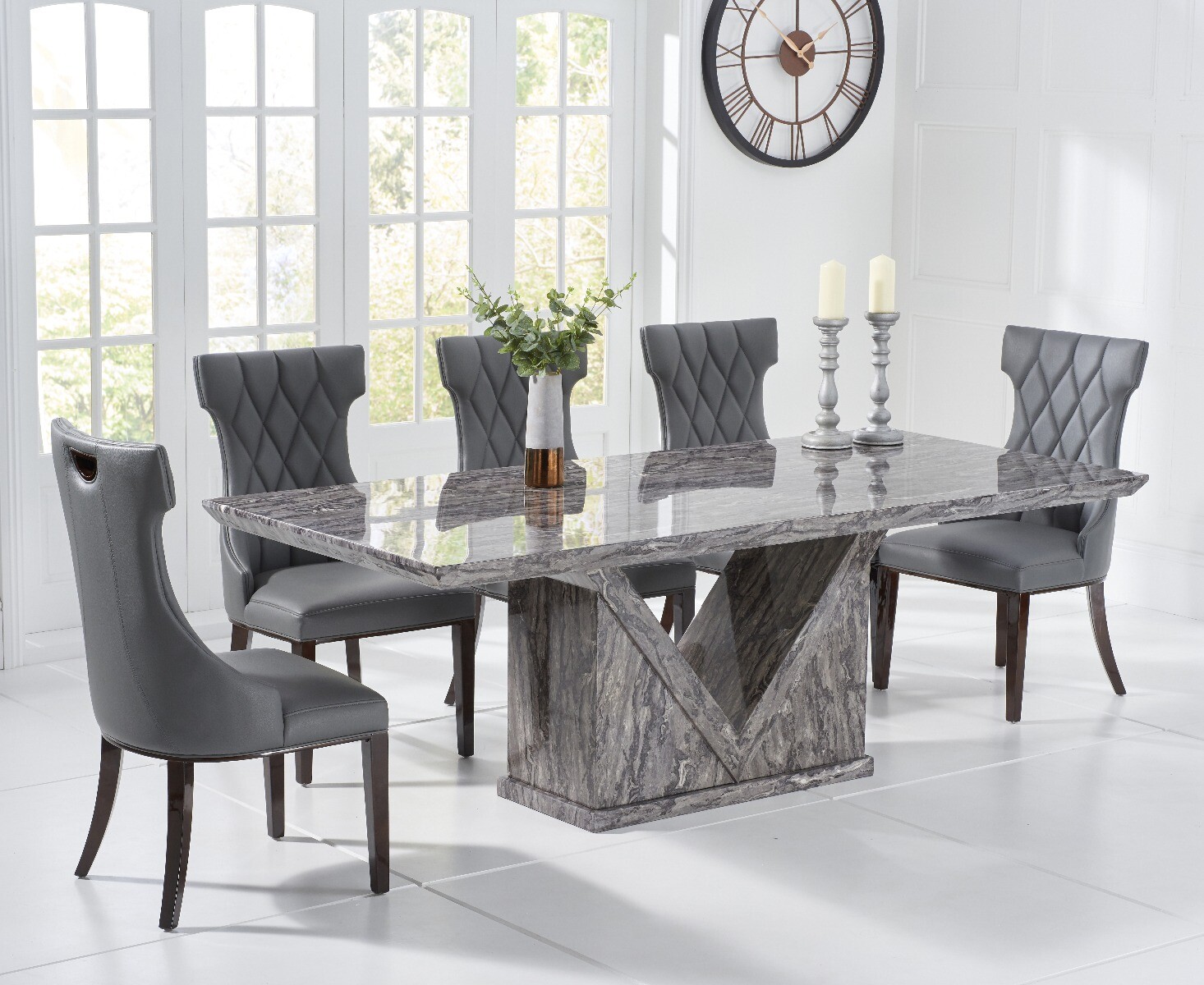 Mocha 220cm Grey Marble Dining Table With 12 Grey Sophia Chairs