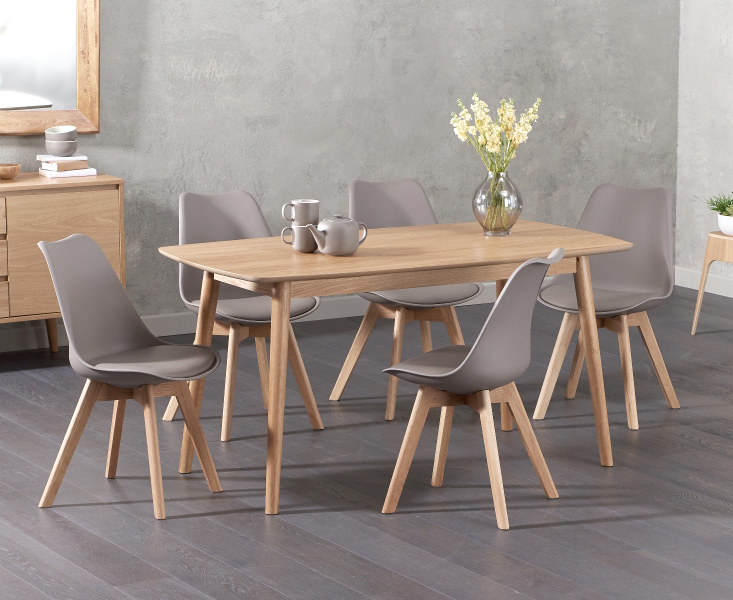 Nordic 150cm Oak Dining Table With 6 Dark Grey Orson Faux Leather Chairs