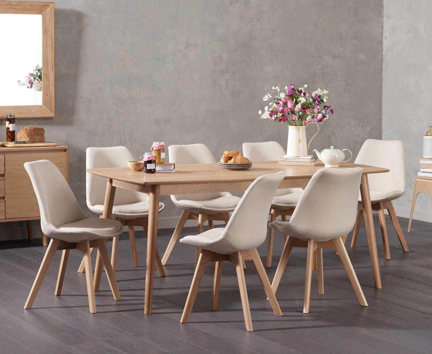 Nordic 150cm Oak Dining Table With 8 Light Grey Orson Fabric Chairs