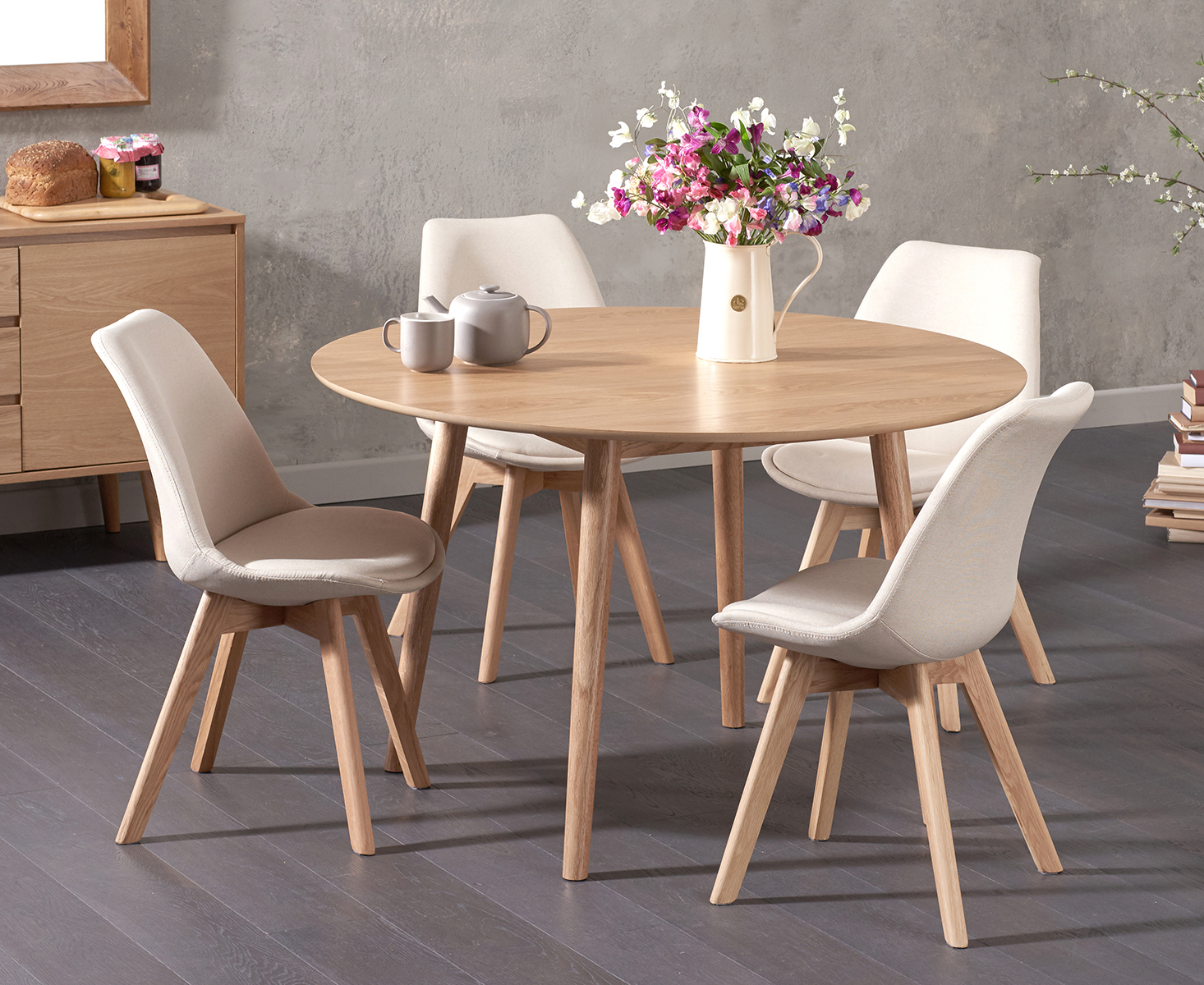 Nordic 120cm Round Oak Dining Table With 4 Light Grey Orson Fabric Chairs