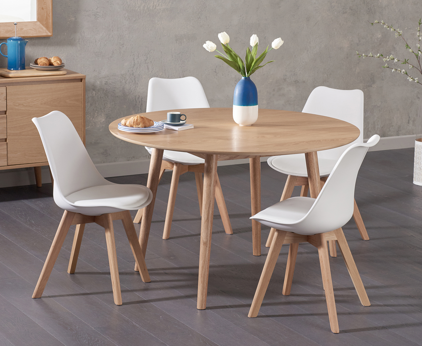 Nordic 120cm Round Oak Dining Table With 4 Light Grey Orson Faux Leather Chairs