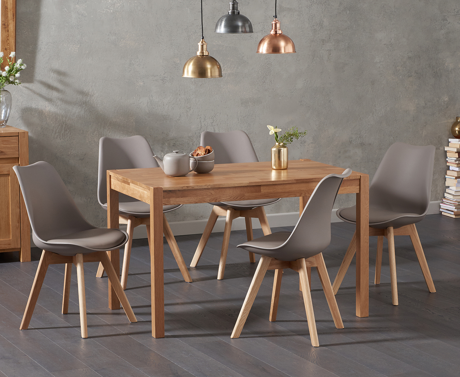 Oxford 120cm Solid Oak Dining Table With 4 White Orson Faux Leather Chairs
