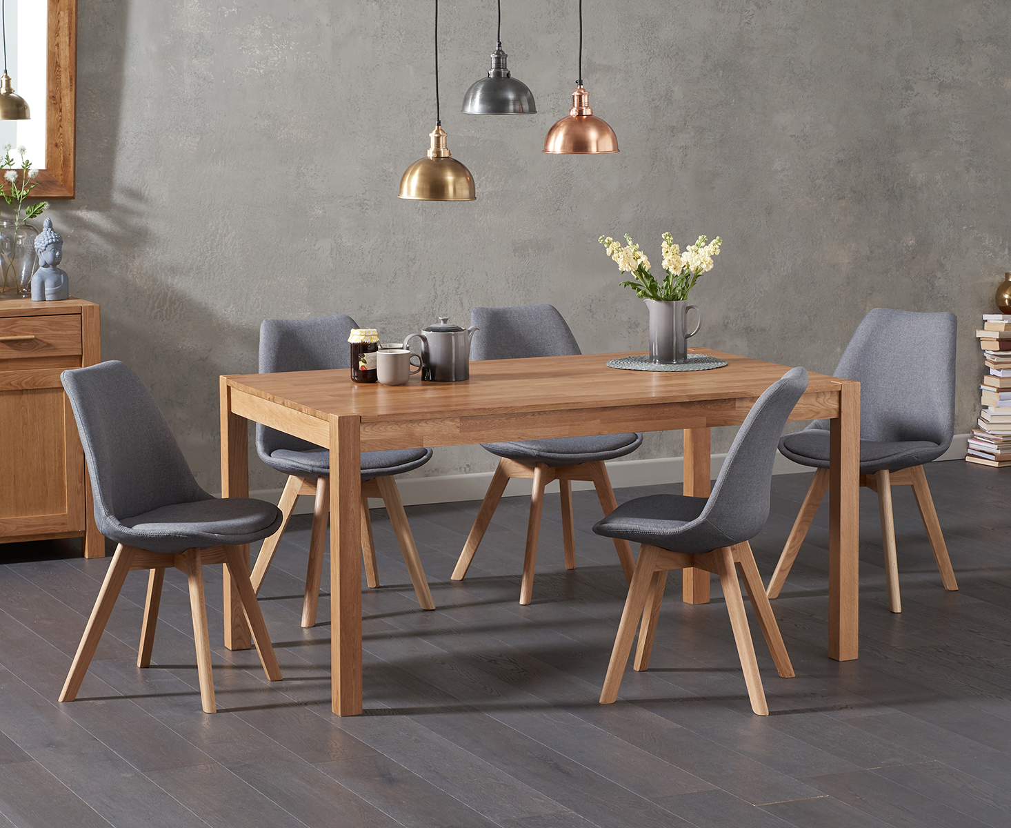 Product photograph of Oxford 150cm Solid Oak Dining Table With 6 Light Grey Orson Fabric Chairs from Oak Furniture Superstore