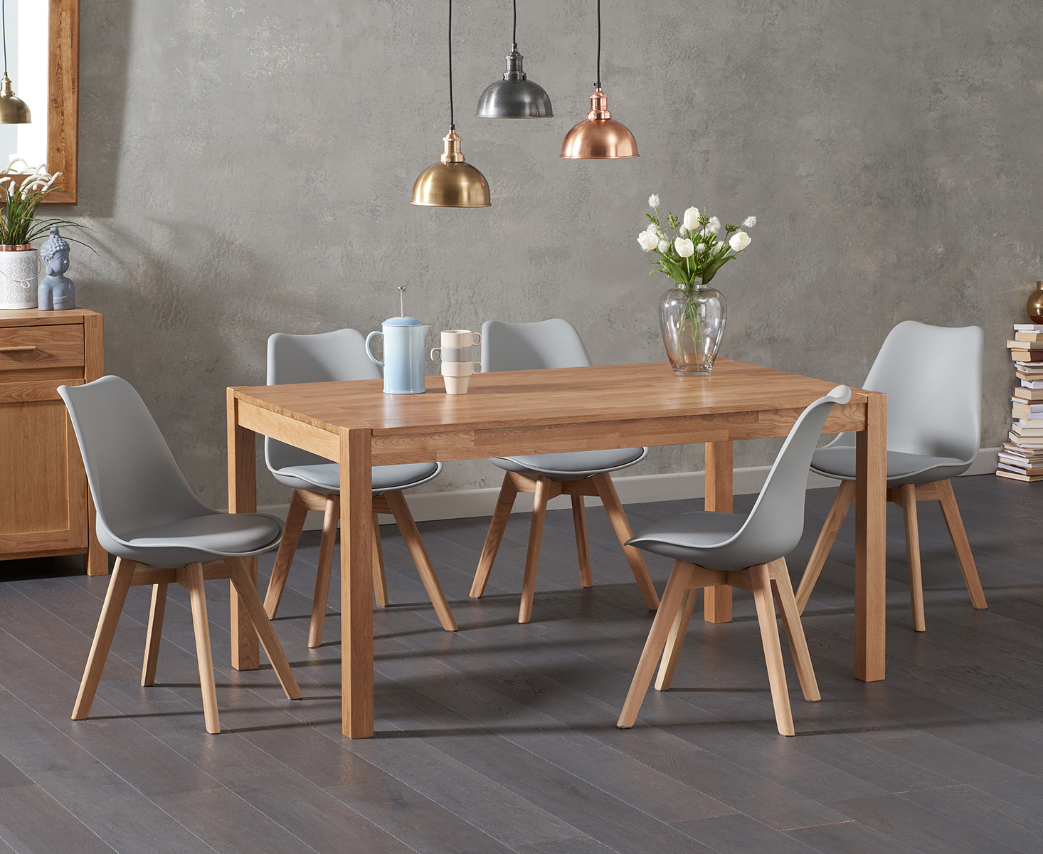 Product photograph of Oxford 150cm Solid Oak Dining Table With 6 White Orson Faux Leather Chairs from Oak Furniture Superstore