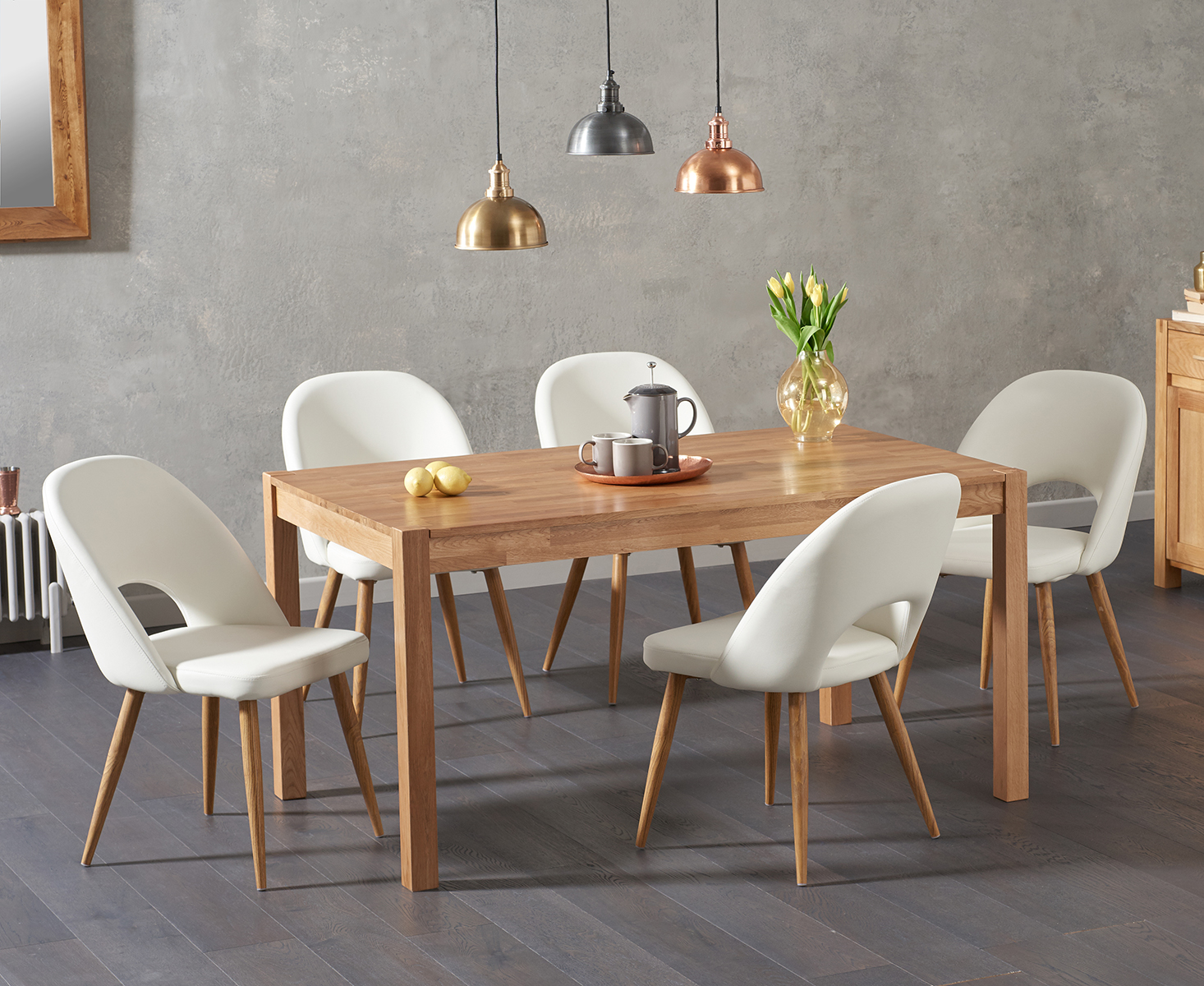Product photograph of York 150cm Solid Oak Dining Table With 6 Grey Hudson Faux Leather Chairs from Oak Furniture Superstore