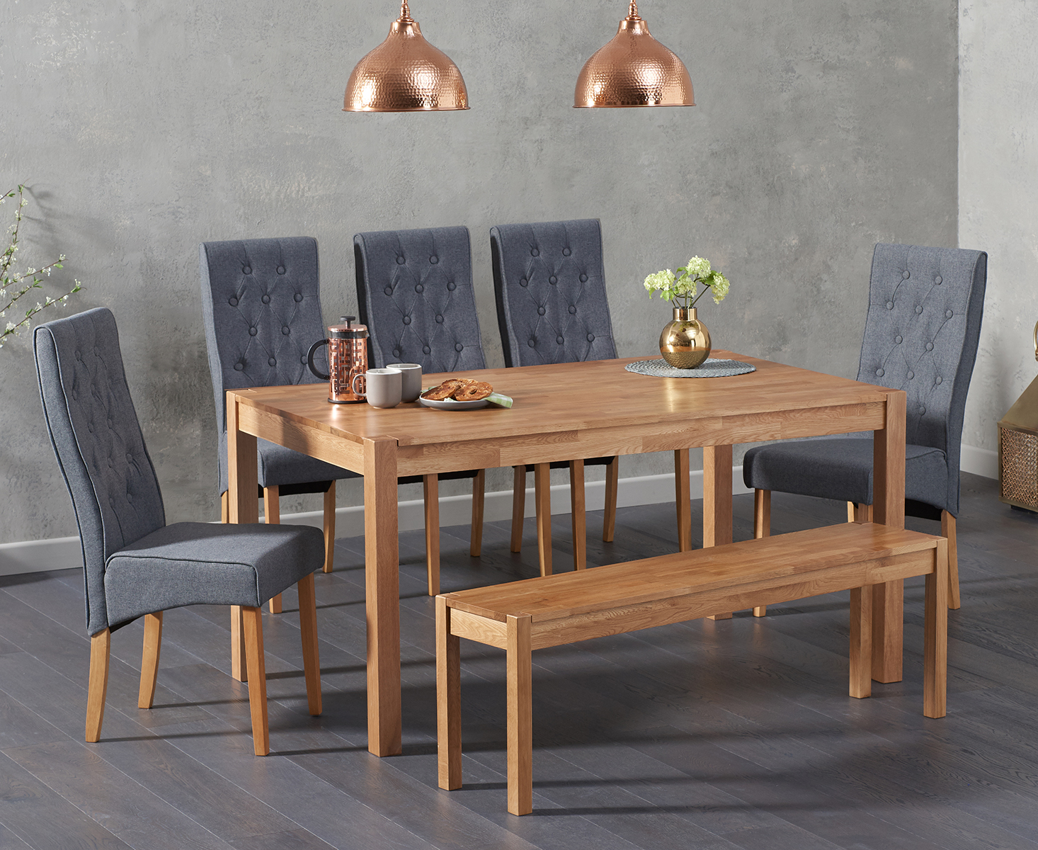 Oxford 150cm Solid Oak Dining Table With 4 Grey Juliette Fabric Chairs And 2 Oak Oxford Benches