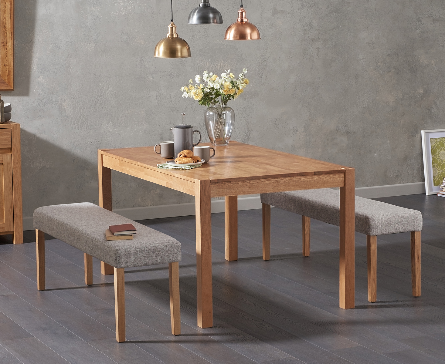 Product photograph of Oxford 150cm Solid Oak Dining Table With Lila Grey Benches from Oak Furniture Superstore