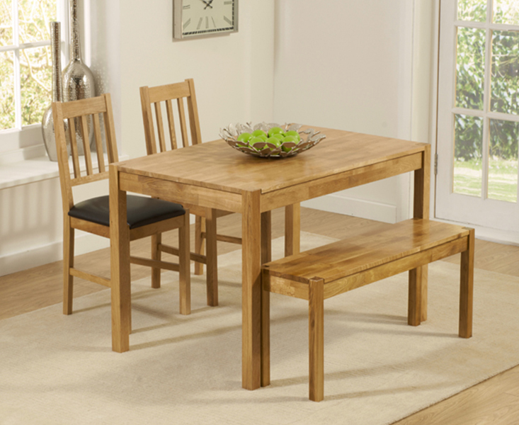 Oxford 120cm Solid Oak Dining Table With 2 Brown Oxford Chairs And 1 Oak Oxford Benches