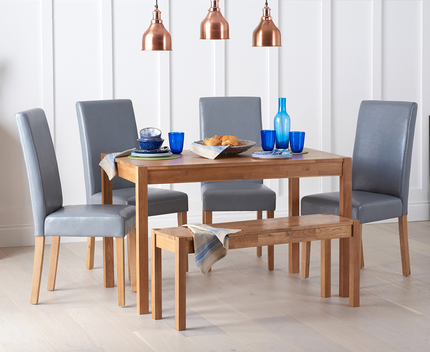 Oxford 120cm Solid Oak Dining Table With 2 Brown Albany Chairs And 1 Oak Oxford Benches