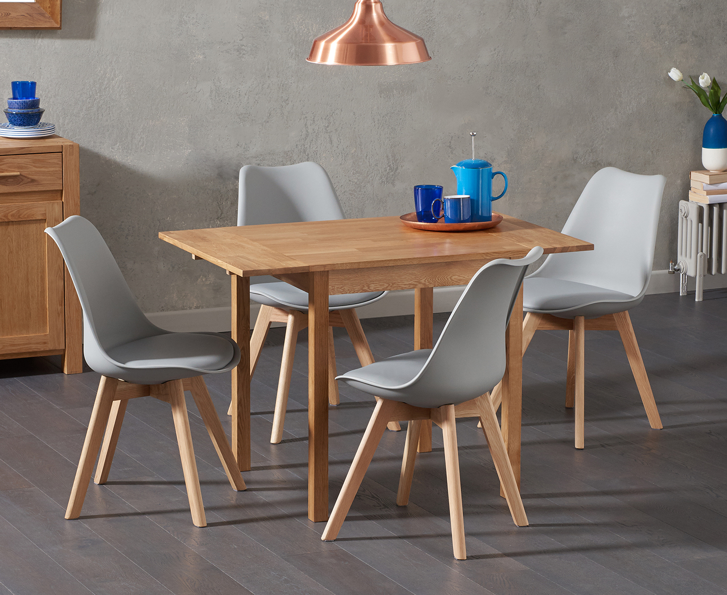 Oxford 70cm Solid Oak Extending Dining Table With 4 Dark Grey Orson Faux Leather Chairs