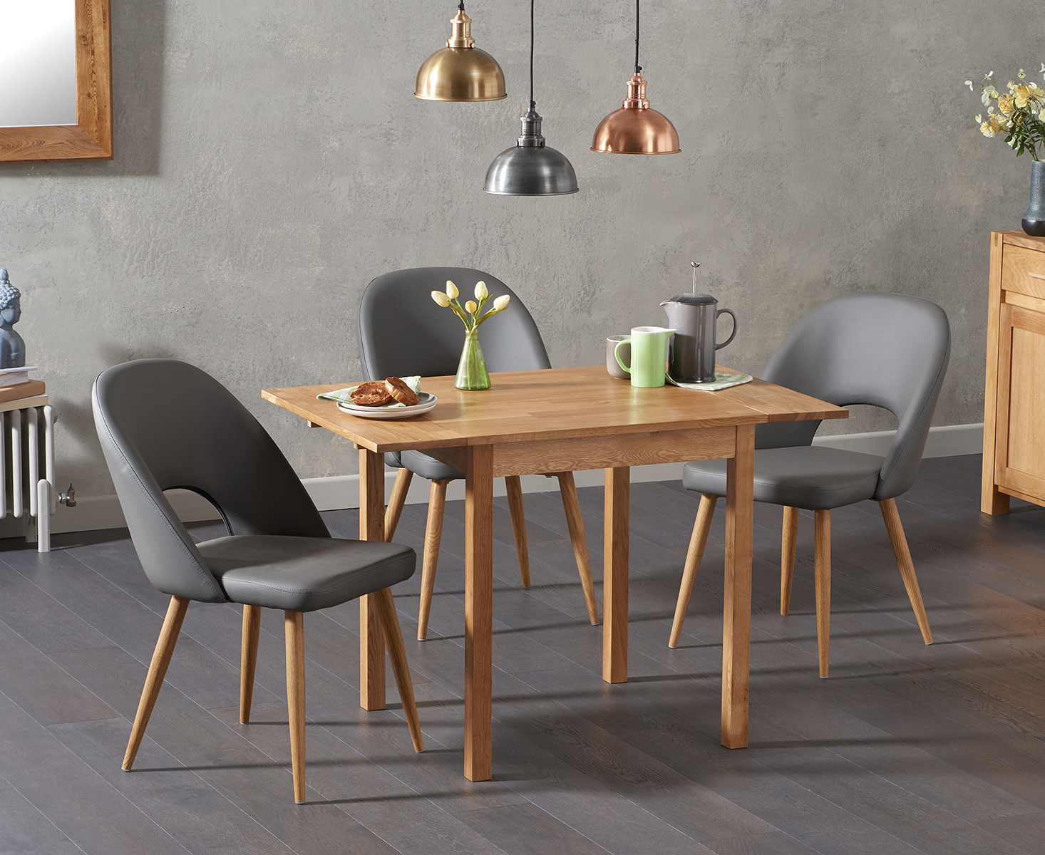 Oxford 70cm Solid Oak Extending Dining Table With 2 Grey Hudson Faux Leather Chairs