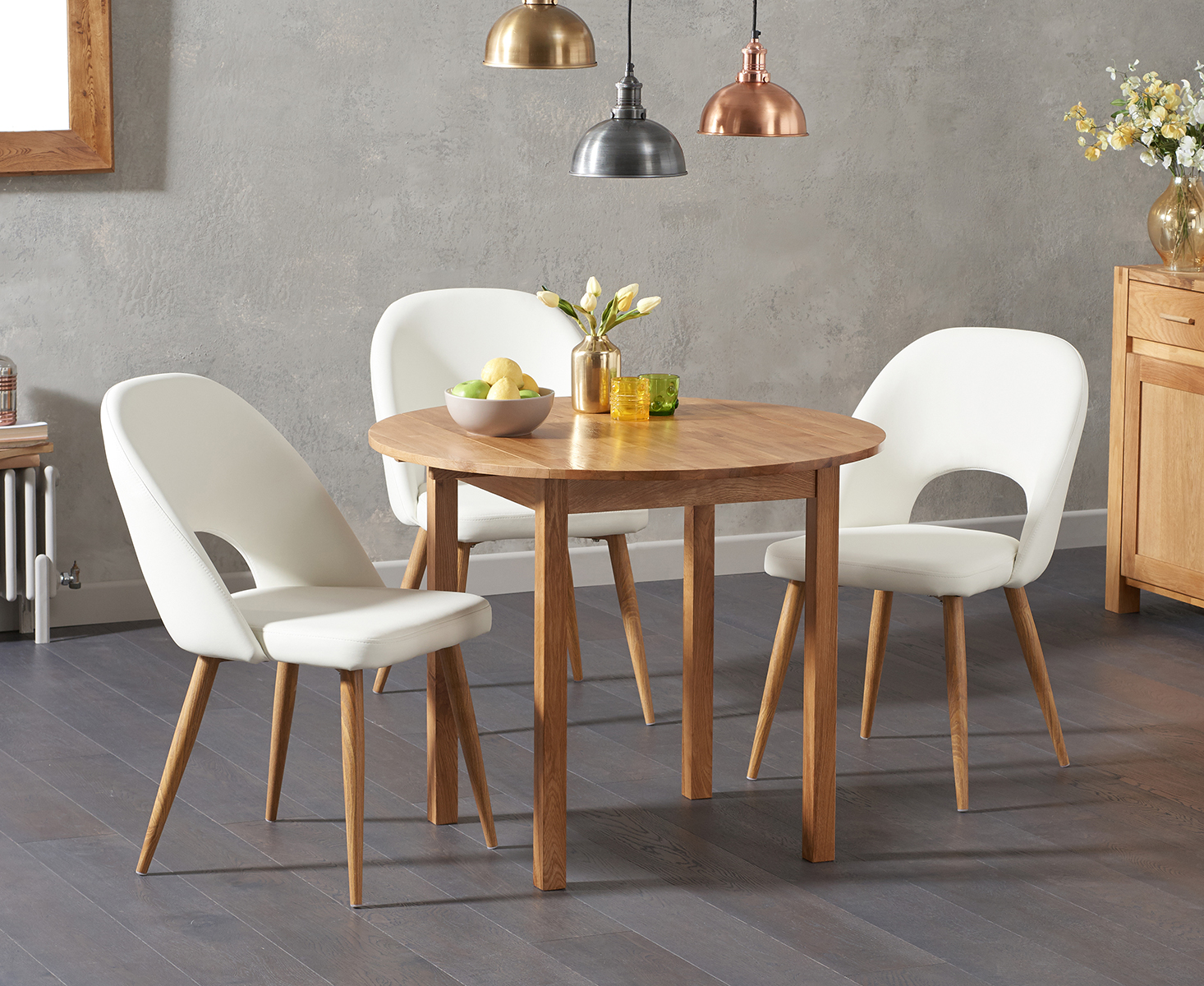 Oxford 90cm Solid Oak Drop Leaf Extending Dining Table With 4 Grey Hudson Faux Leather Chairs