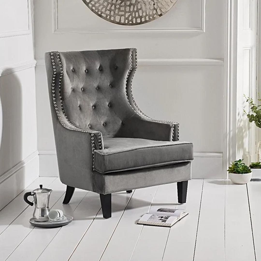 Product photograph of Evelyn Grey Velvet Armchair from Oak Furniture Superstore