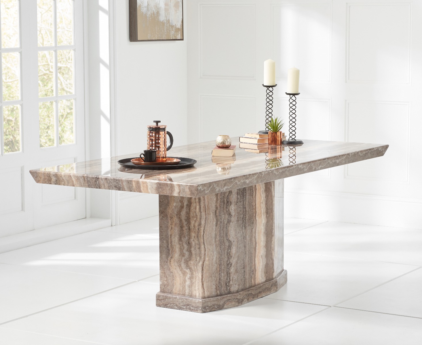 Product photograph of Carvelle 200cm Brown Pedestal Marble Dining Table from Oak Furniture Superstore
