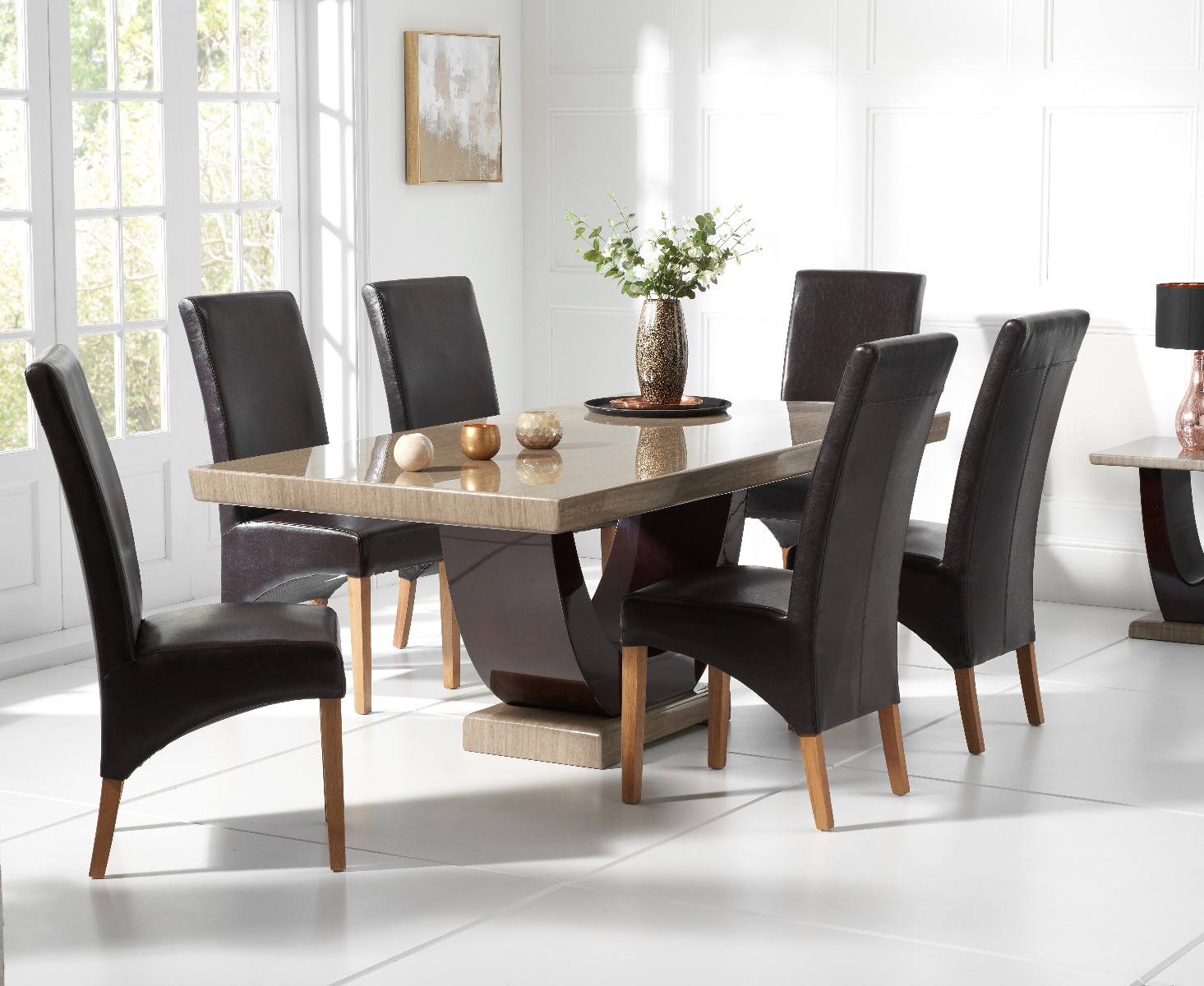 Raphael 170cm Brown Pedestal Marble Dining Table With 6 Grey Cannes Chairs