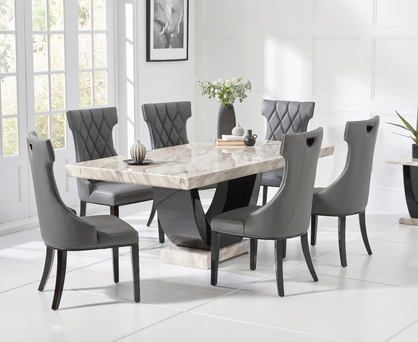 Raphael 170cm Cream And Black Pedestal Marble Dining Table With 4 Grey Sophia Chairs