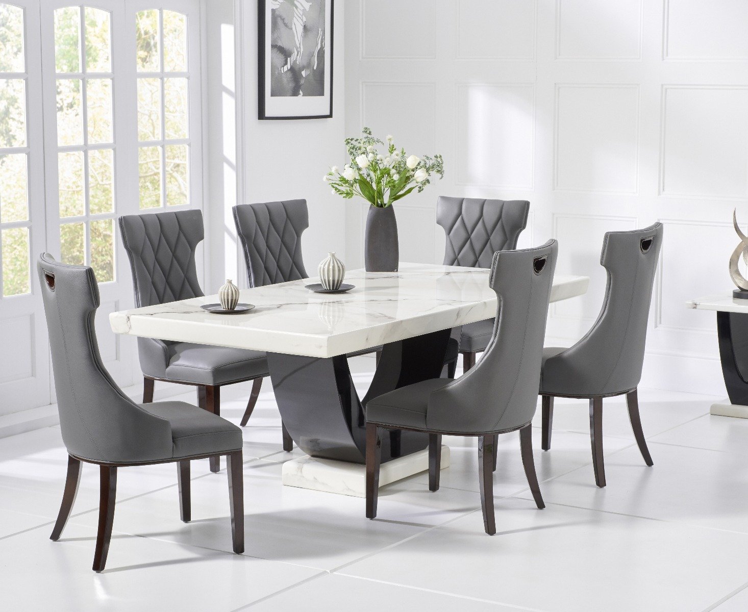 Raphael 200cm White And Black Pedestal Marble Dining Table With 10 Grey Sophia Chairs