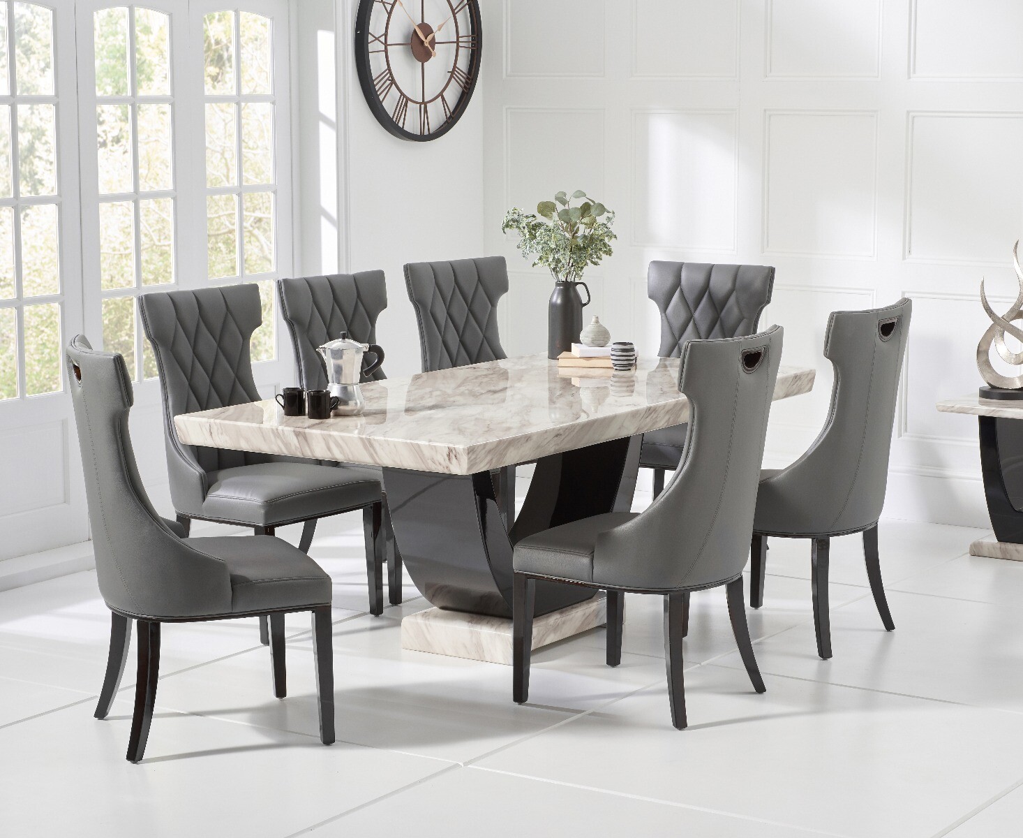 Raphael 200cm Cream And Black Pedestal Marble Dining Table With 6 Grey Sophia Chairs
