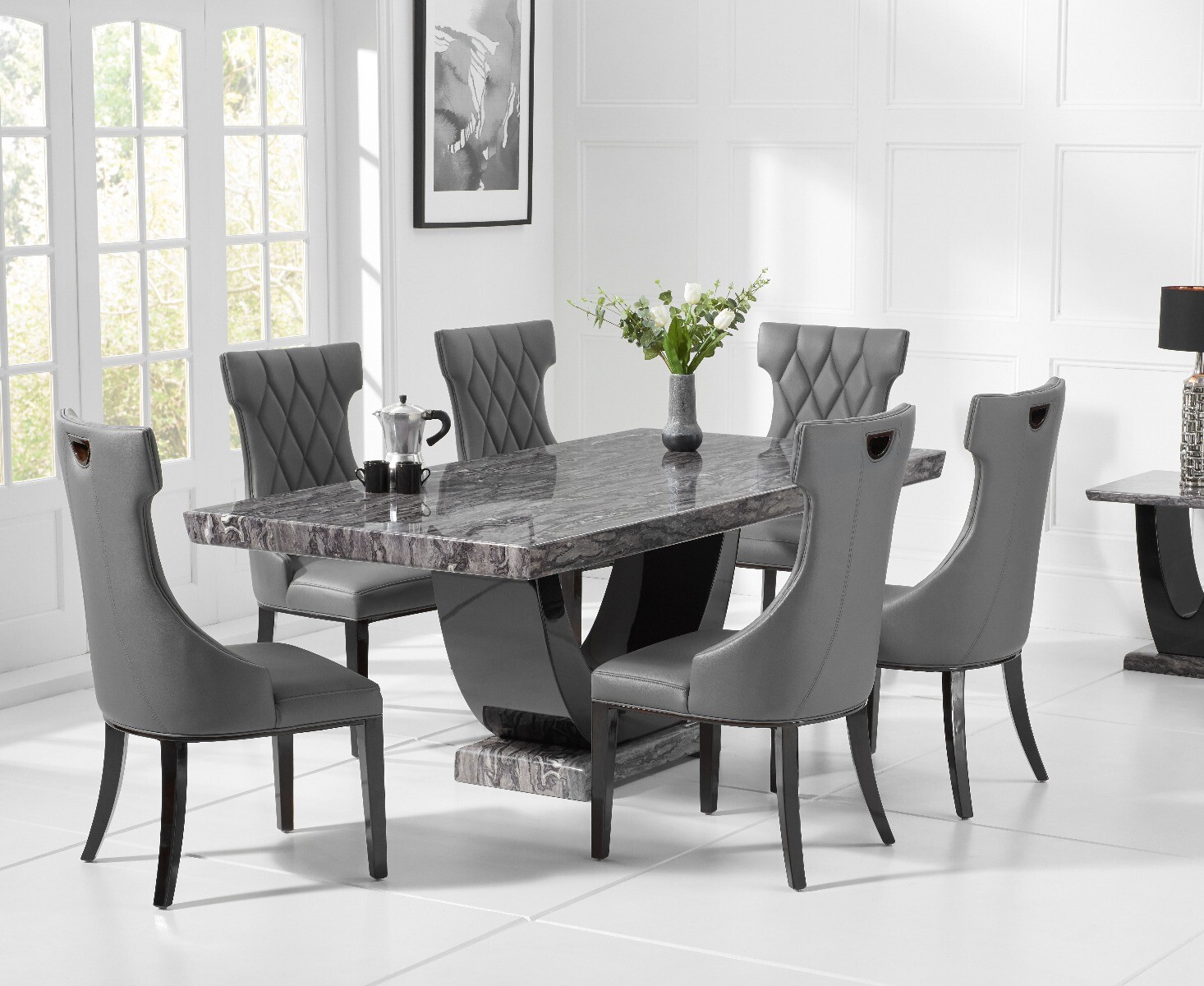 Raphael 170cm Dark Grey Pedestal Marble Dining Table With 6 Grey Sophia Chairs