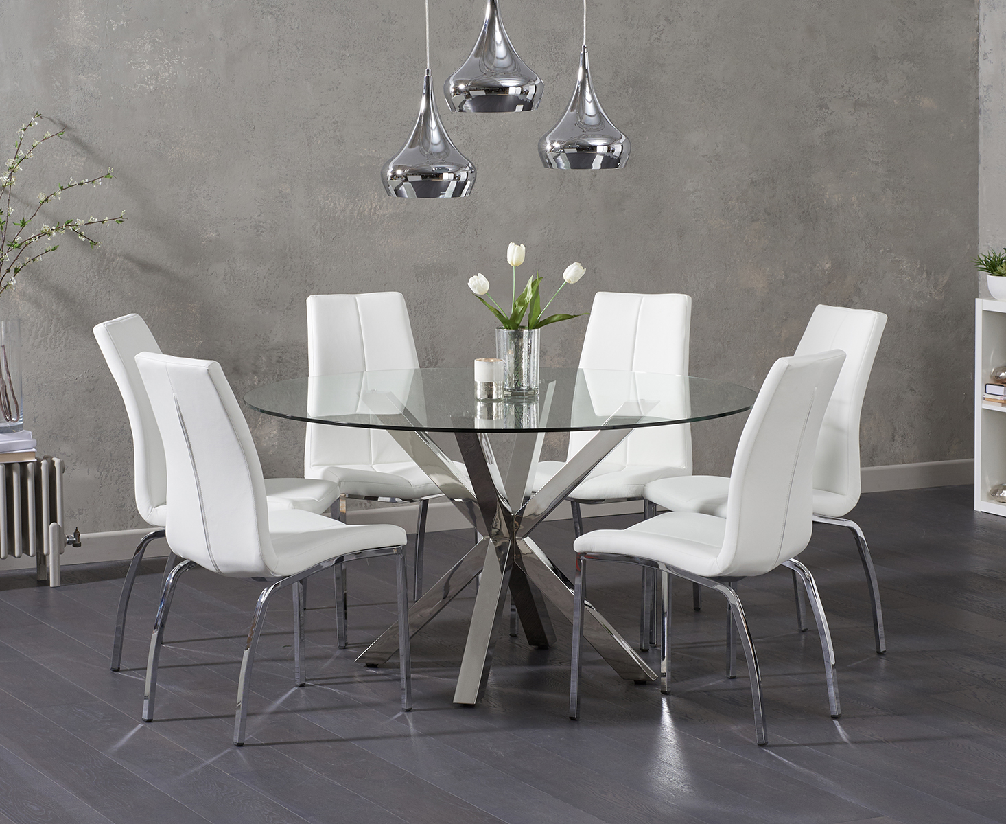 Rio Round Glass Dining Table With 6 Ivory White Cavello Chairs